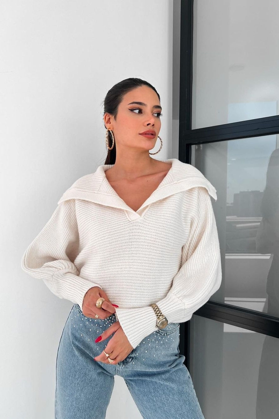 Lantern Sleeve Open Collar Knit Sweater image 13