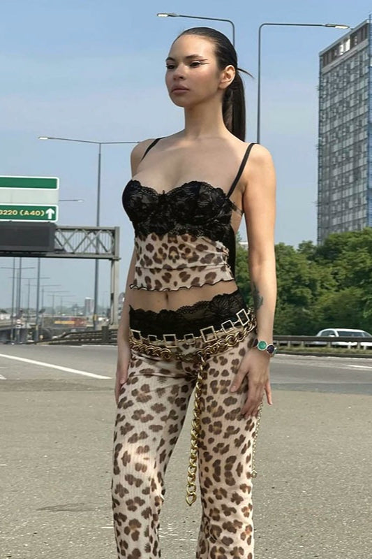 Leopard Print Lace Cami Crop Low Waist Pants Two Piece Set image 4