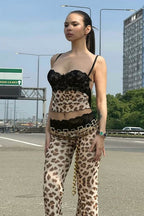 Leopard Print Lace Cami Crop Low Waist Pants Two Piece Set image 4