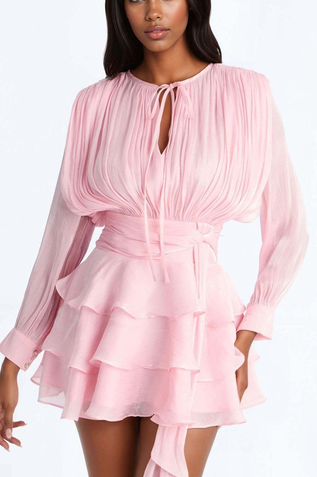 Sheen Flowy Tie Ruched Tiered Mini Dress image 4