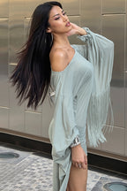 Flare Sleeve Tassel Patchwork Asym Neck Mini Dress image 2