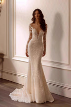 Lace Deep V Mermaid Detachable Train Wedding Dress image 1
