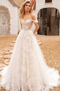 Off Shoulder Lace Applique Boned Wedding Dress image 1