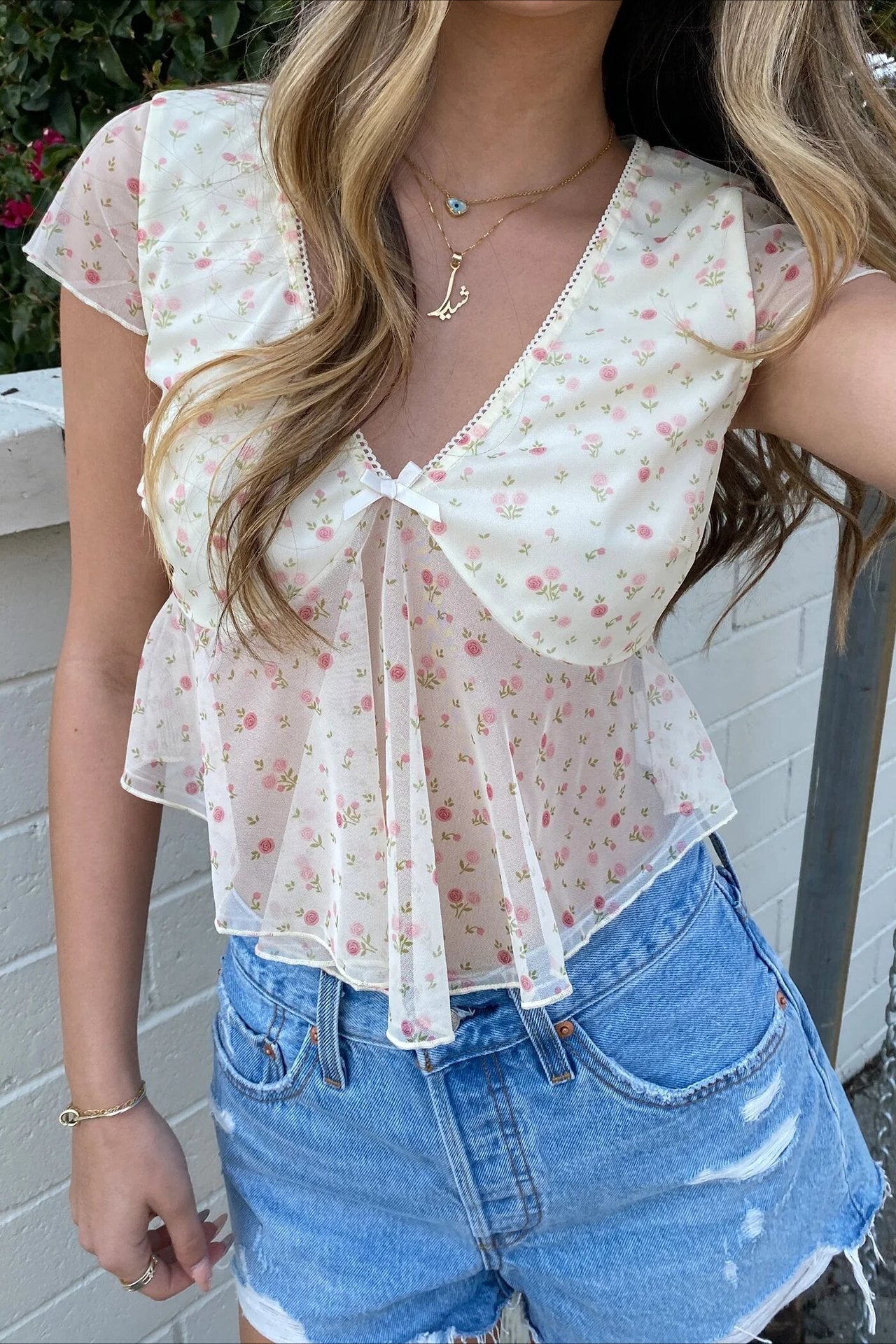 Solid V Neck Floral Mesh Blouse image 2