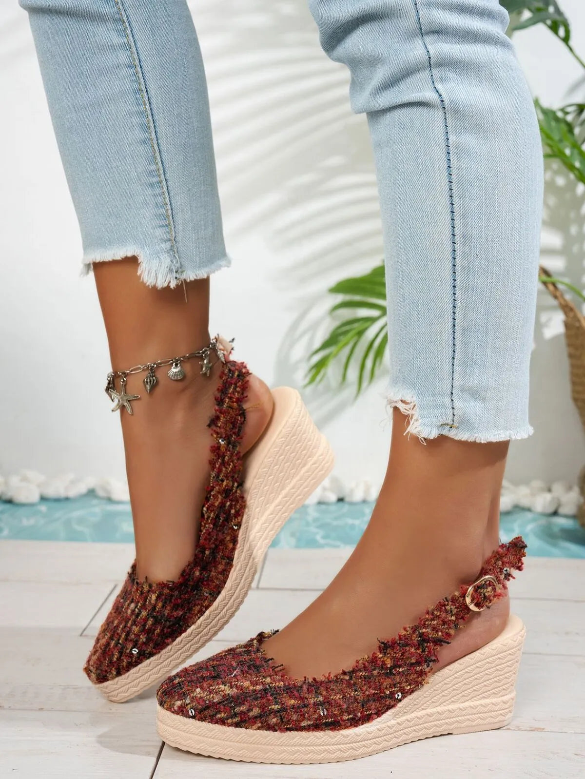 Aurelia Wedge Sandals detail view styled for Avrienne