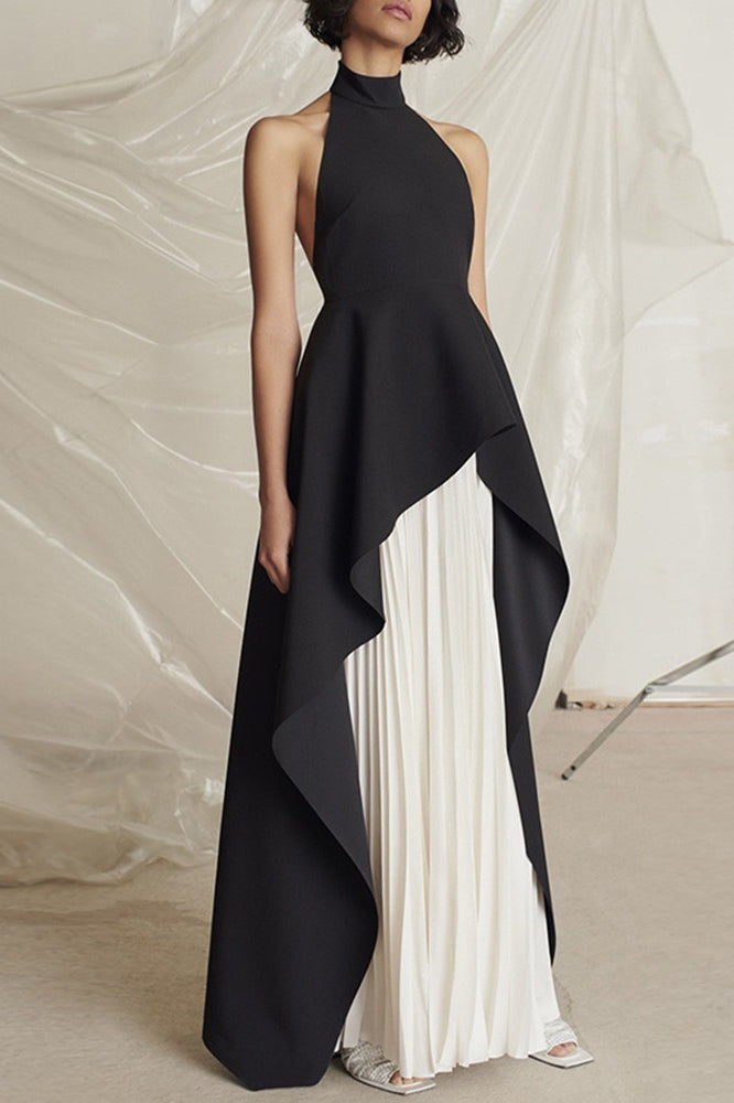 Halter Black White Contrast Pleated Prom Dress image 3