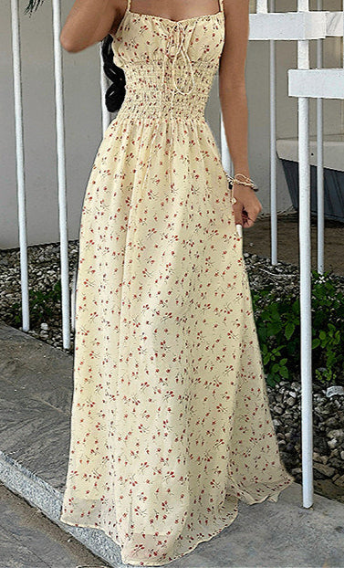 Sexy Smocked V Neck High Waist A Line Maxi Cami Floral Dress image 3