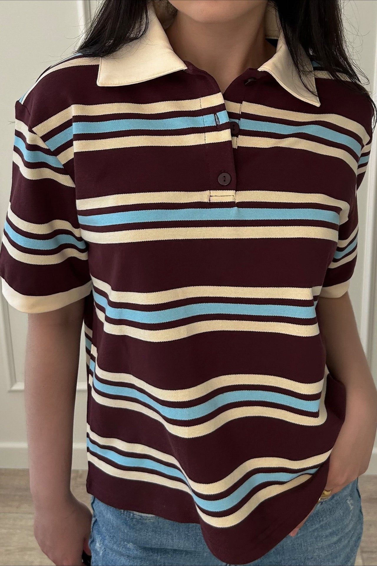 Vintage Color Block Stripe Polo Short Sleeve T-shirt image 3