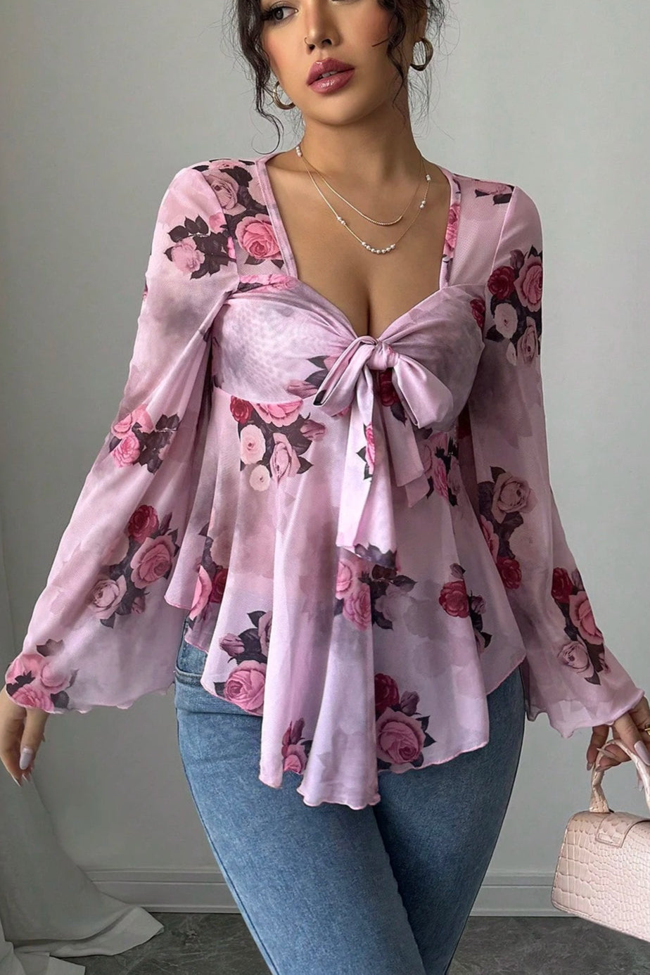 Floral Tie Dye Square Neck Tie Long Sleeve Blouse image 4