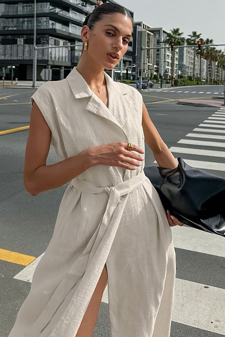 Linen Cotton High Waist Slit Tie Maxi Dress image 2