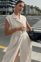 Linen Cotton High Waist Slit Tie Maxi Dress image 2