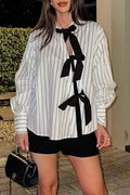 Bow Tie Striped Lapel Long Sleeve Blouse image 1