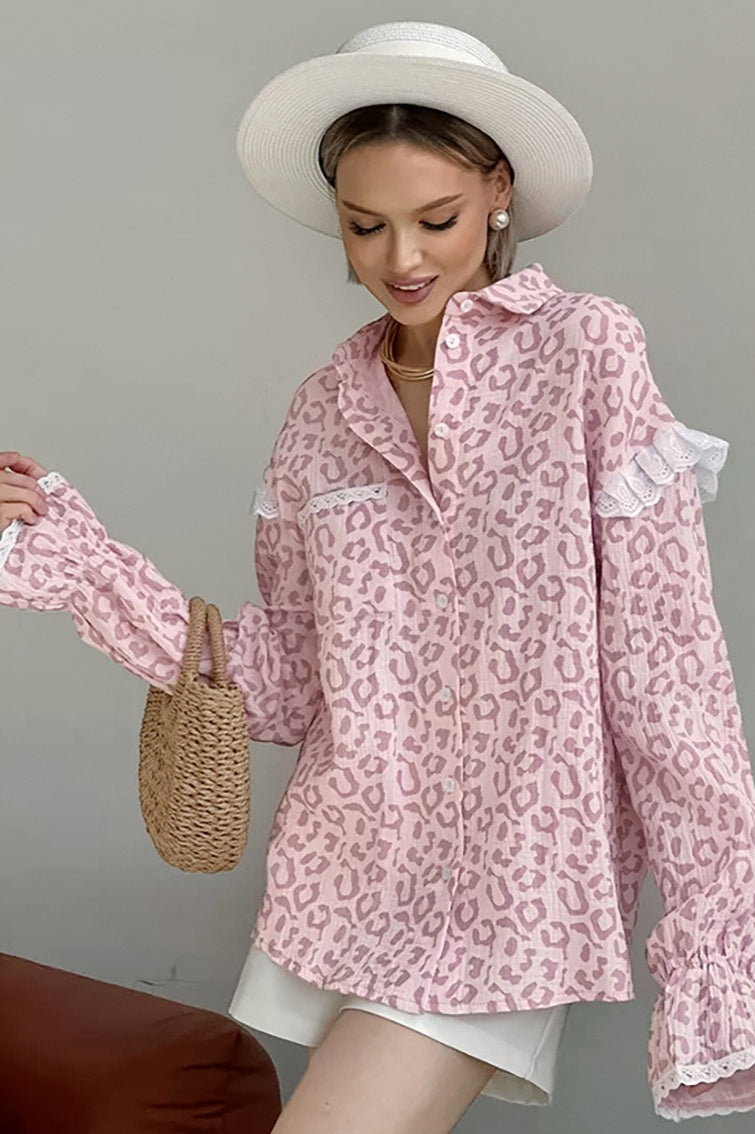 Elegant Leopard Print Cotton Long Sleeve Blouse image 4