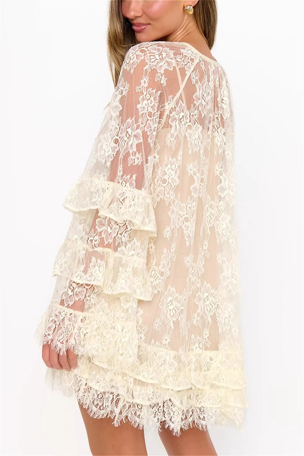 Lace Sheer Ruffle Cover Up Mini Dress image 3