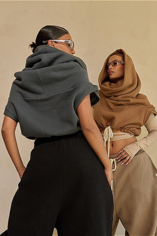 Solid Casual Wide Collar Cropped Hoodie image 5
