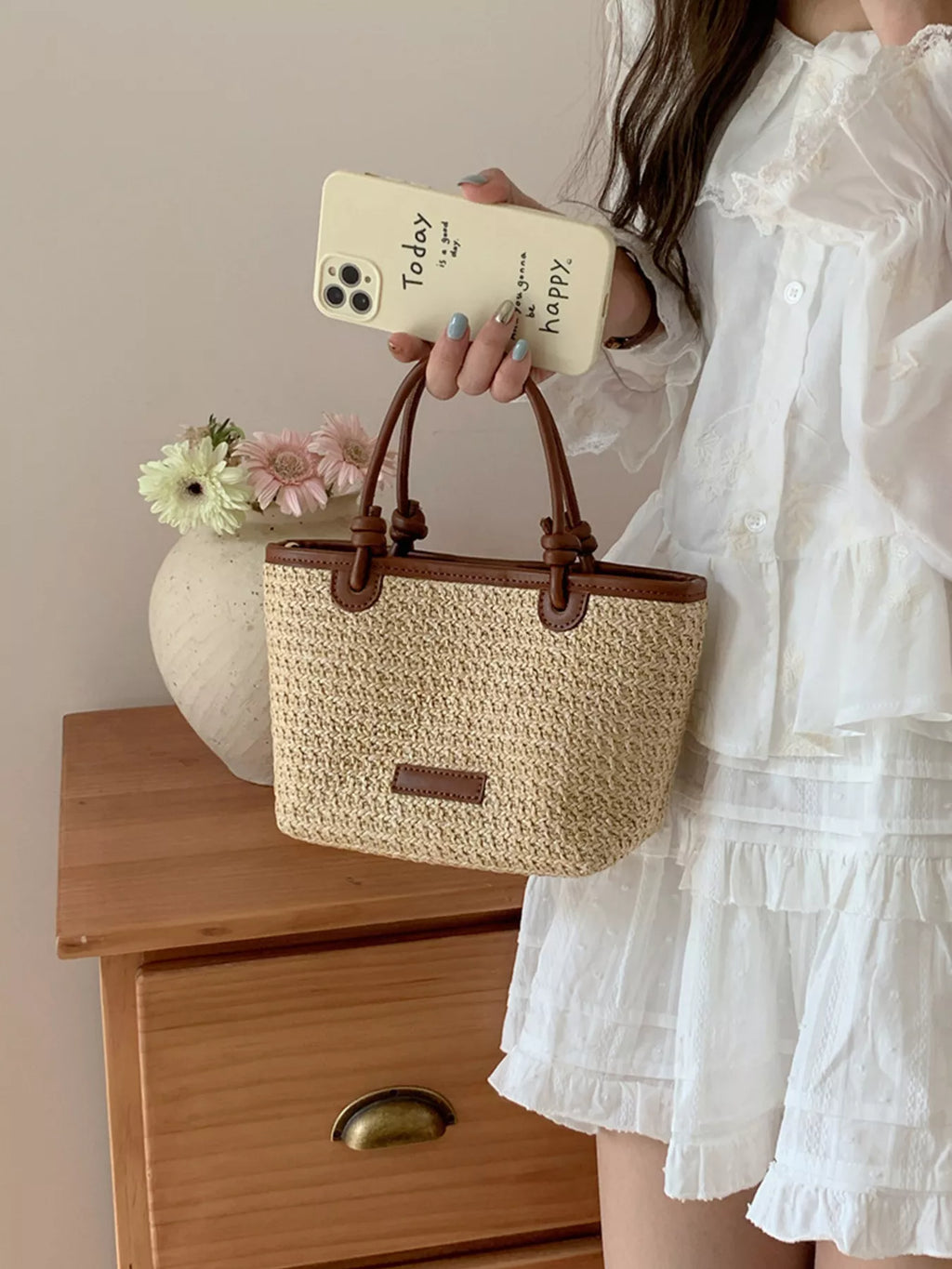 Lumi Straw Crossbody detail view styled for Avrienne