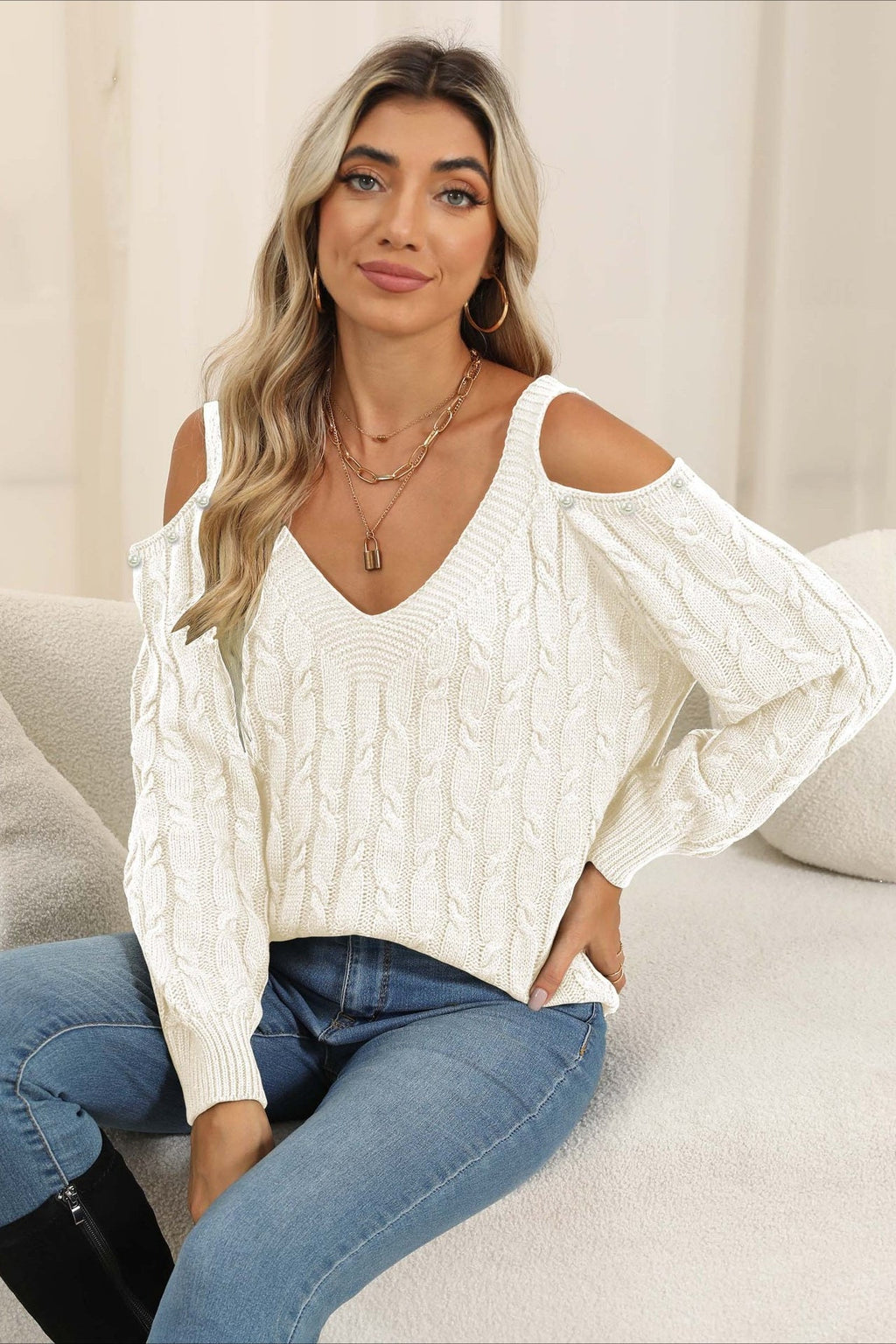 Deep V Sexy Off-Shoulder Loose Pullover Sweater image 6