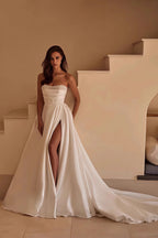 Strapless Beaded High Slit Satin Train Wedding Dress image 3