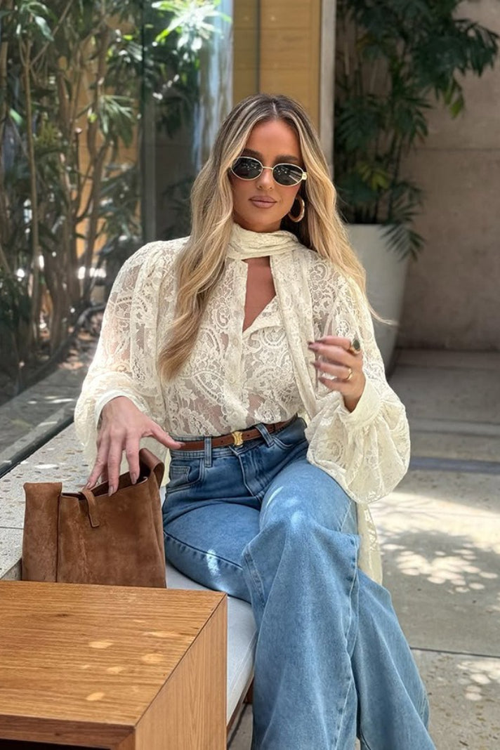 Elegant Tie Sheer Lace Long Sleeve Blouse image 3