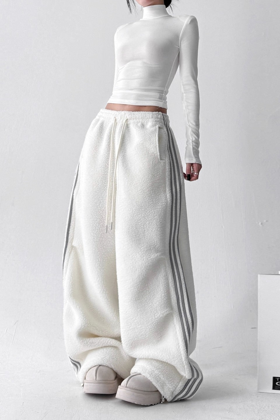 Sporty Plush Wide-Leg Striped Pants image 2