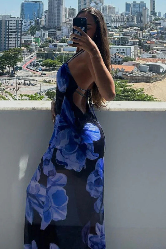 Sheer Printed Halter Neck Strappy Maxi Dress image 4