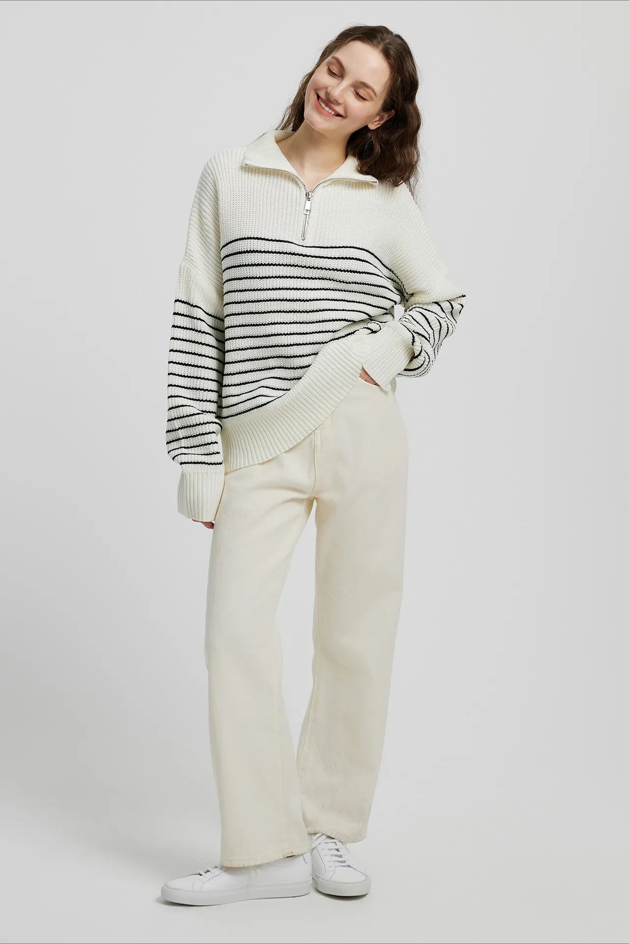 High Neck Striped Color Block Zip Pullover Sweater image 4