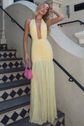 Solid Sexy Mesh Patchwork Deep V Halter Maxi Dress image 1