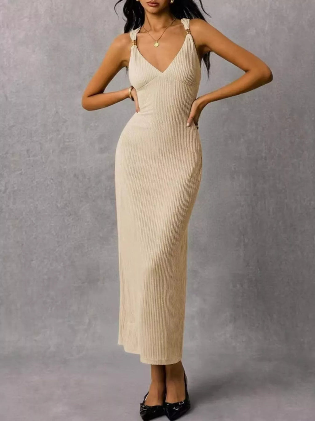 Solene Knit Midi Dress detail view styled for Avrienne