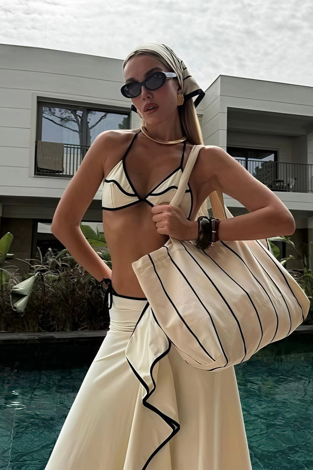 Black White Color Block Ruffle Three Piece Swim Set image 2
