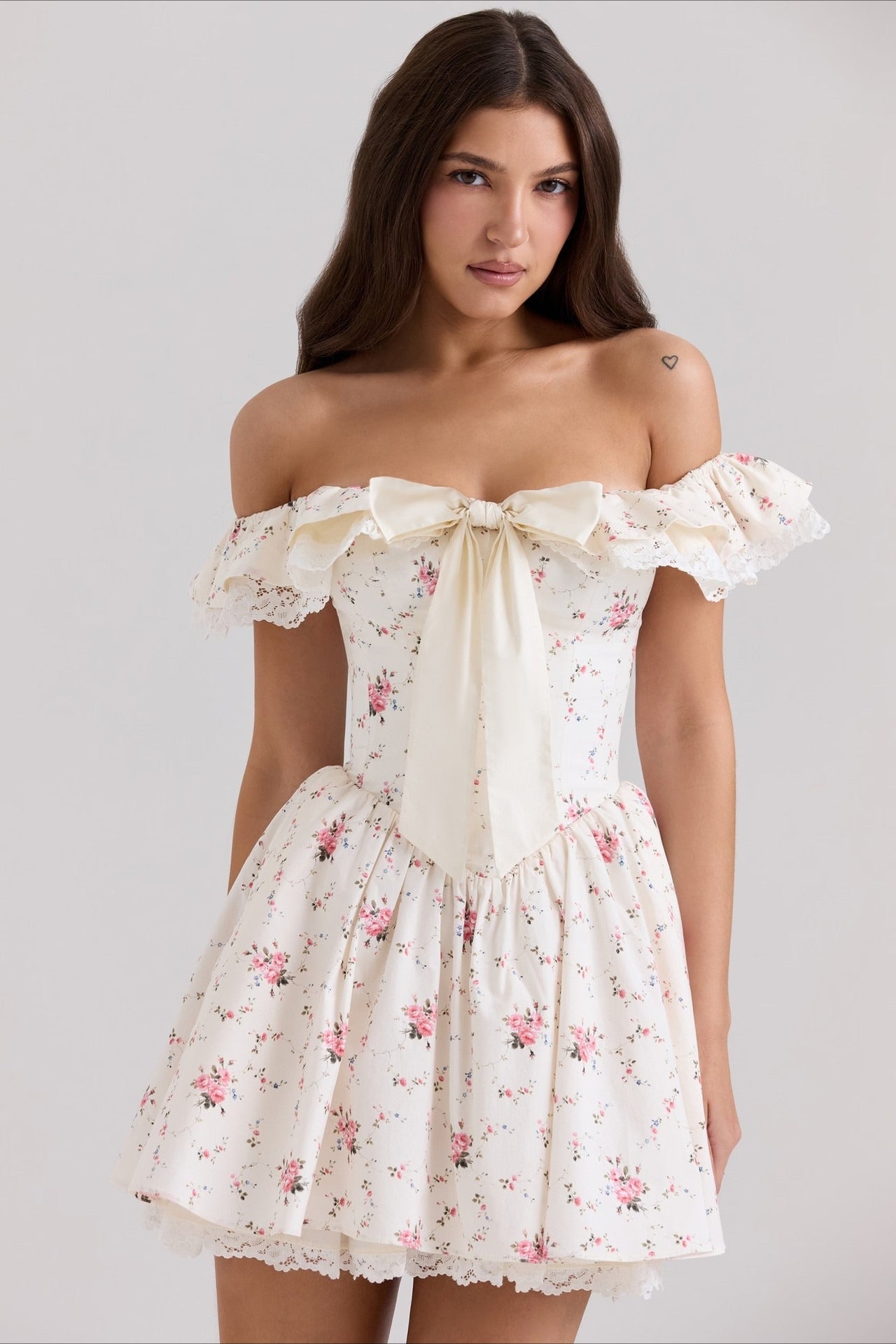 Sweet Floral Bow Off Shoulder Mini Dress image 2