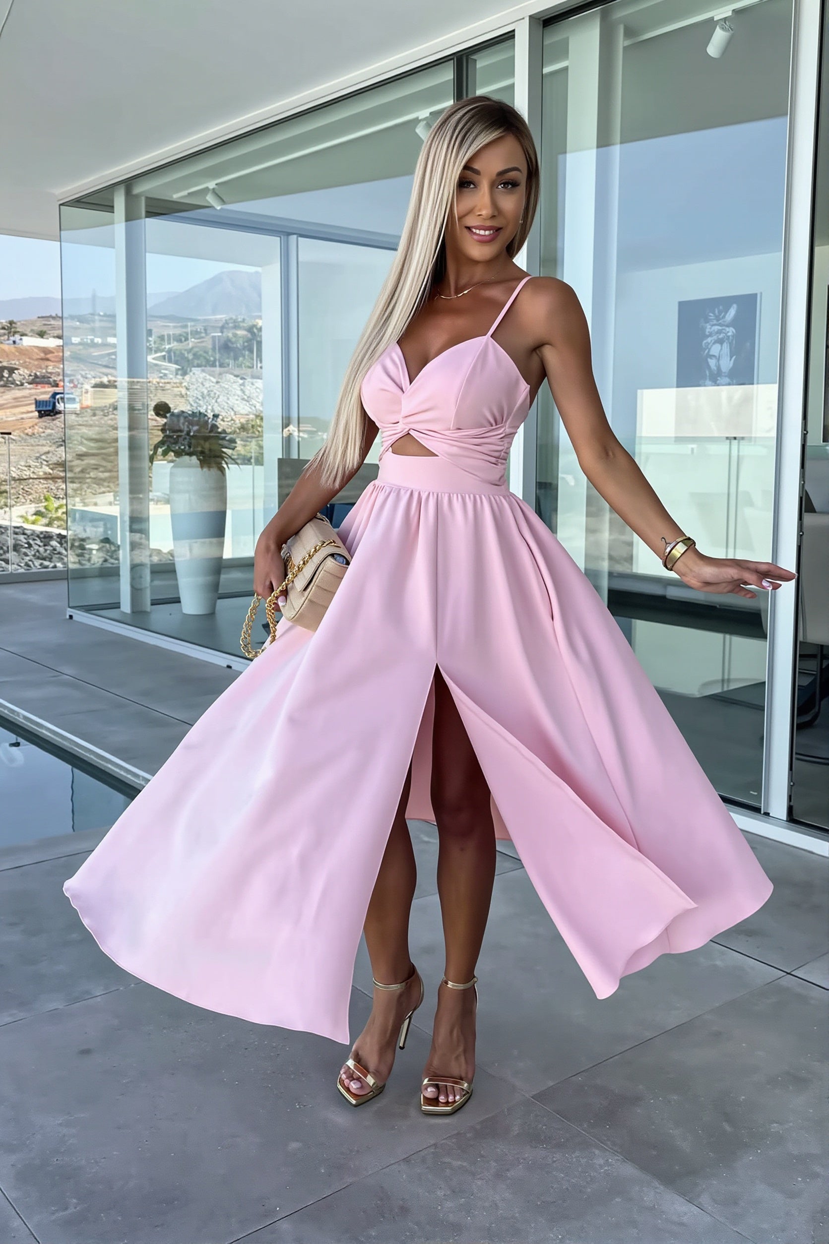 Solid Deep V Cut Out Cami Swing Slit Maxi Dress image 8