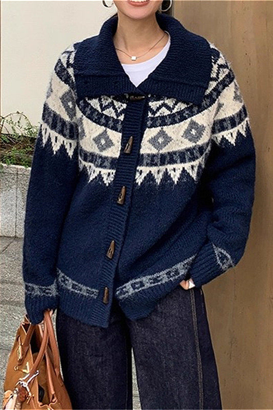 Jacquard Collar Horn Button Retro Loose Knit Cardigan image 7