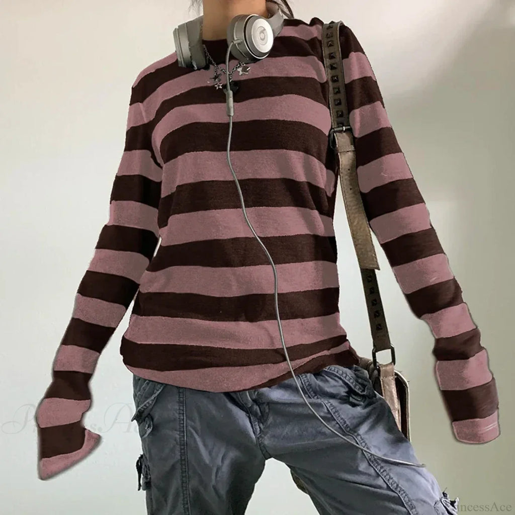 Fairy Grunge Knit Oversized Striped Long Sleeve Crewneck Knit Top image 3