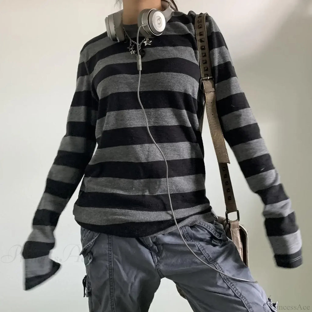 Fairy Grunge Knit Oversized Striped Long Sleeve Crewneck Knit Top image 2