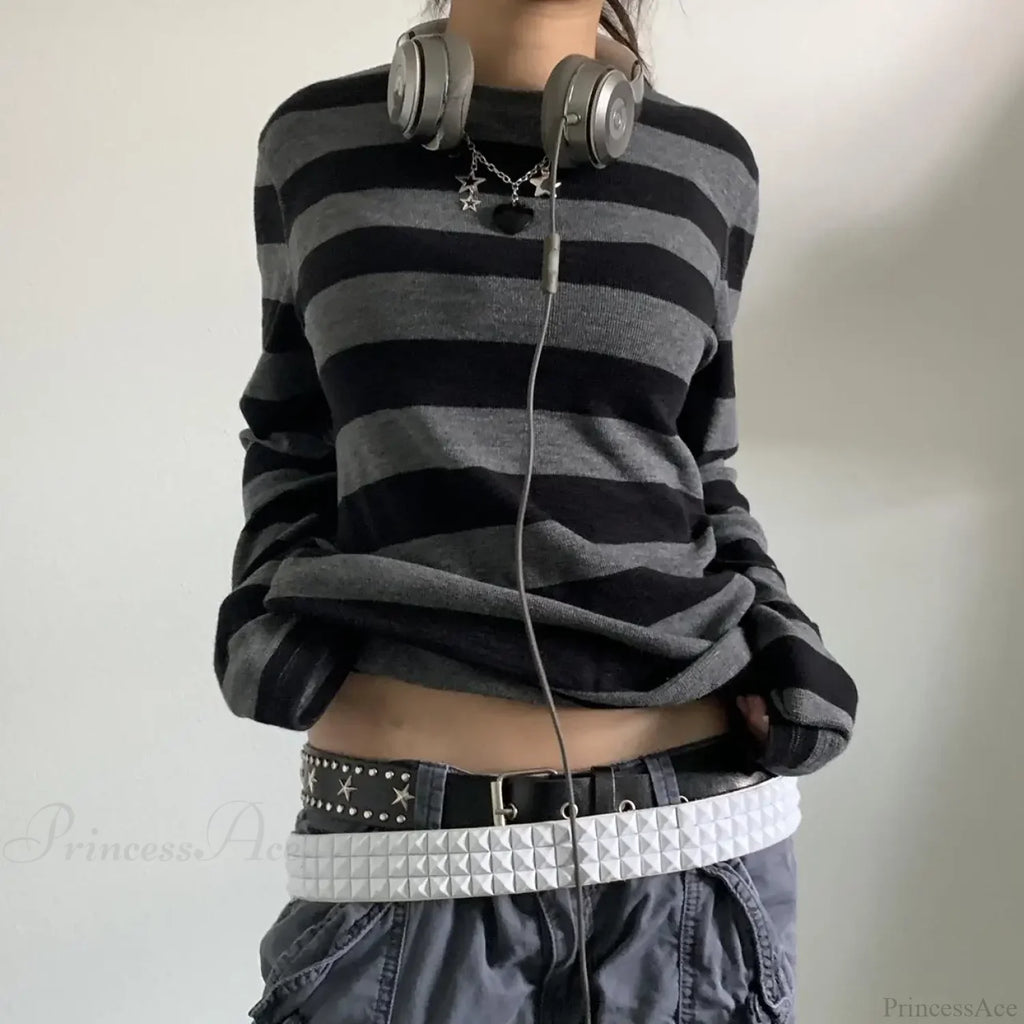 Fairy Grunge Knit Oversized Striped Long Sleeve Crewneck Knit Top image 1