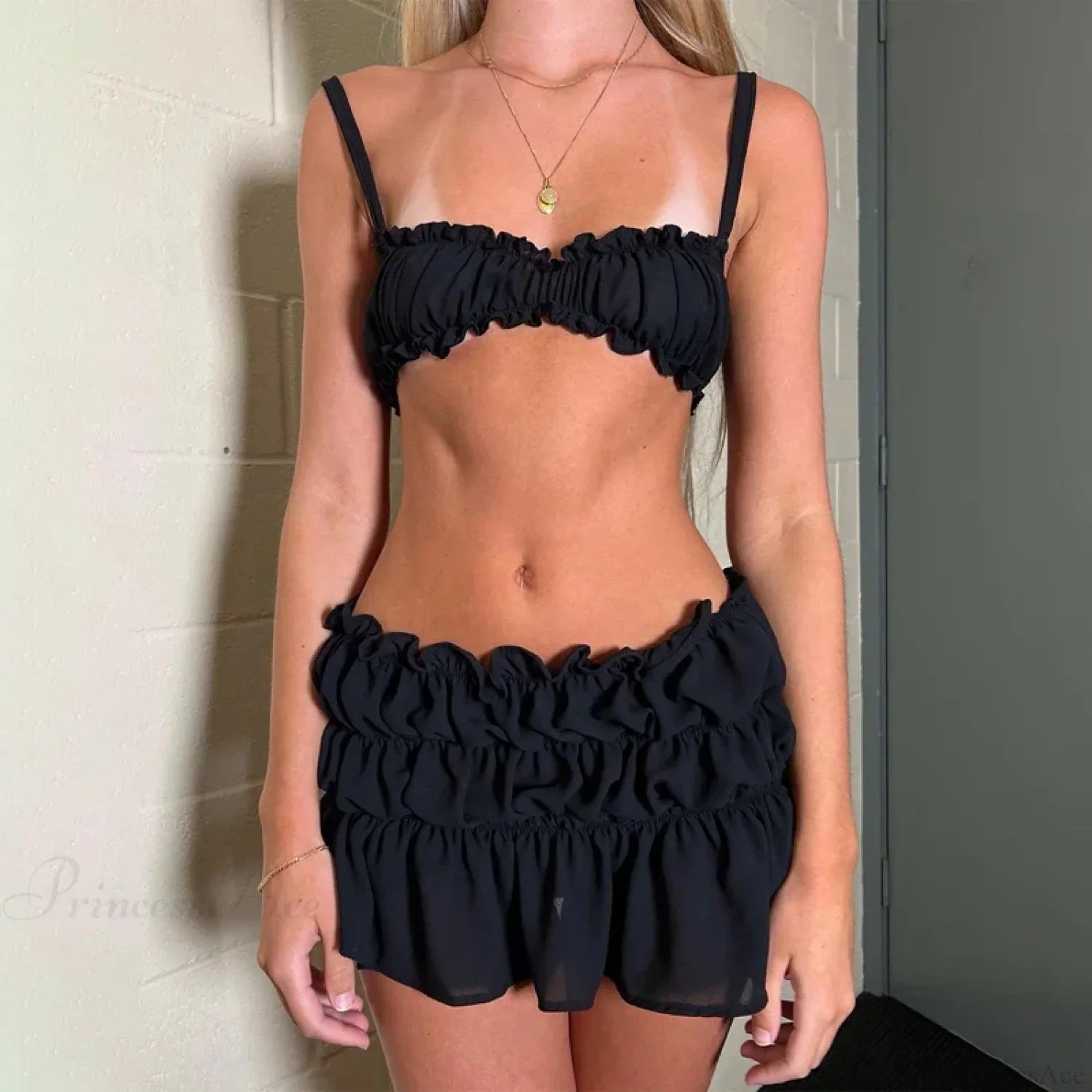 Fairycore 2 Piece Skirts Outfits Frills Spaghetti Strap Cami Crop Tops + Ruched Mini Pencil Skirt Women Y2K Vintage Streetwear image 2