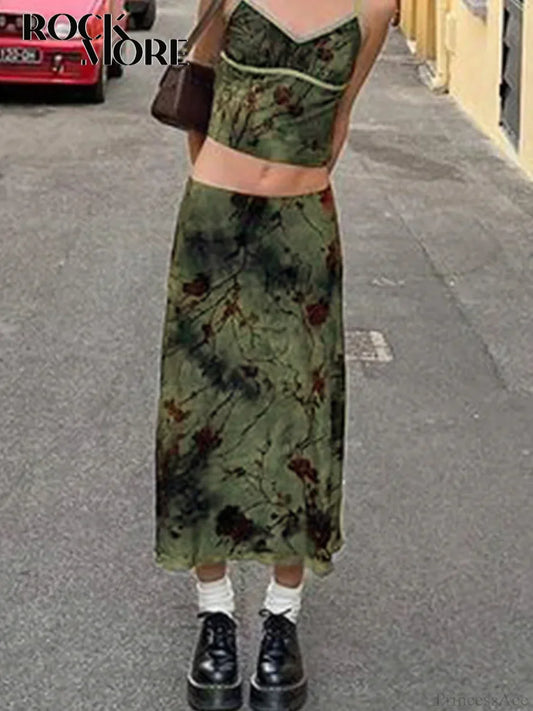 Fairycore Grunge Floral Printed Midi Skirt Y2K Vintage Skirt image 1