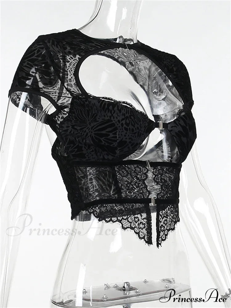 Fairycore Grunge Lace Backless Hollow Out Short Sleeve T-Shirts image 5