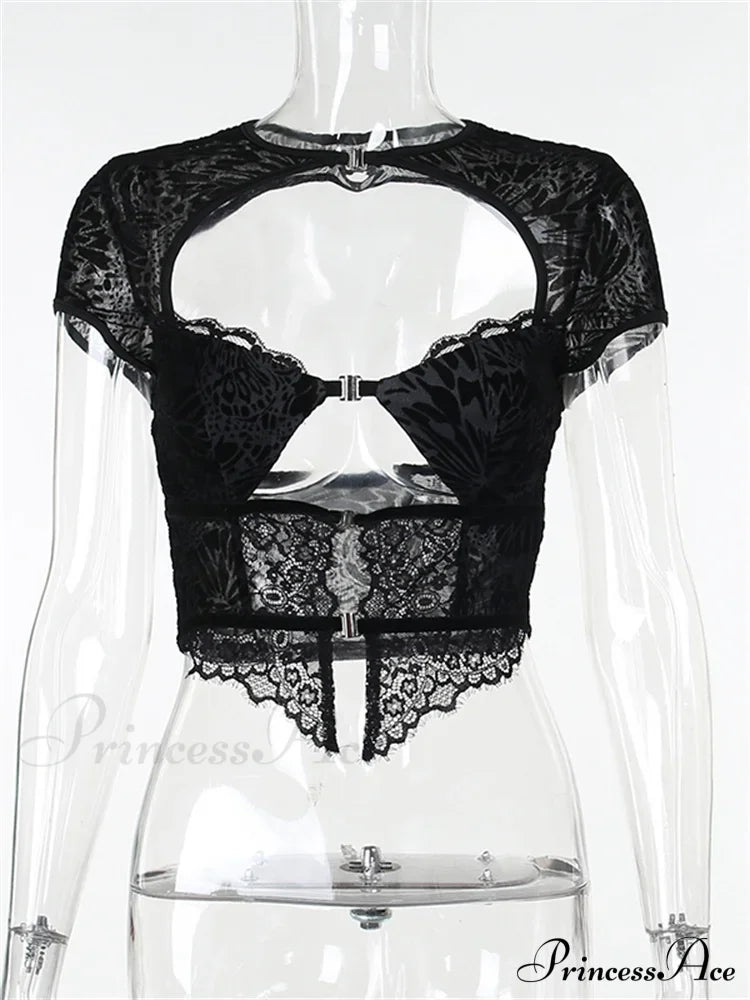 Fairycore Grunge Lace Backless Hollow Out Short Sleeve T-Shirts image 4