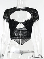 Fairycore Grunge Lace Backless Hollow Out Short Sleeve T-Shirts image 4