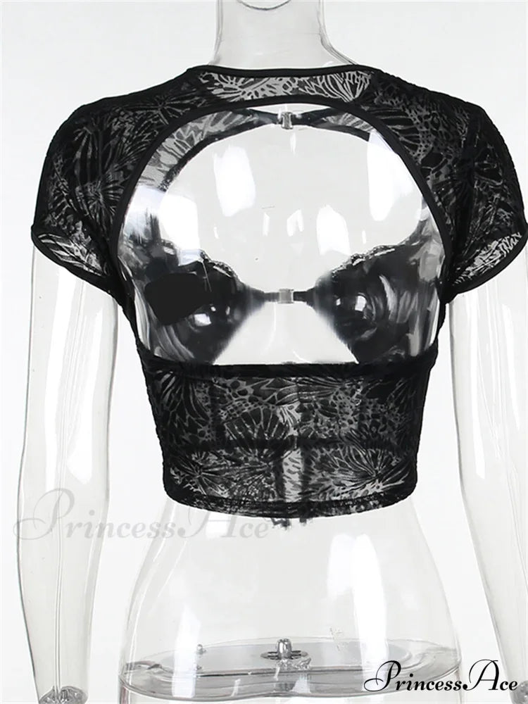 Fairycore Grunge Lace Backless Hollow Out Short Sleeve T-Shirts image 6
