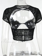 Fairycore Grunge Lace Backless Hollow Out Short Sleeve T-Shirts image 6