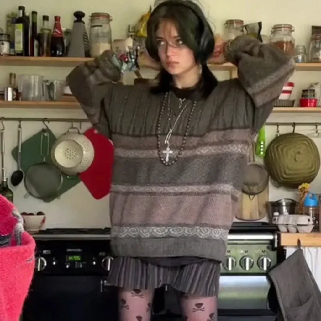 Fairycore Grunge Striped Print Sweater image 4