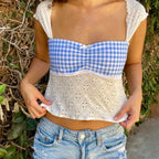 Fairycore Jacquard Eyelet Plaid Patchwork Milkmaid Tie-Up Backless Crop Top image 7