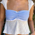 Fairycore Jacquard Eyelet Plaid Patchwork Milkmaid Tie-Up Backless Crop Top image 5