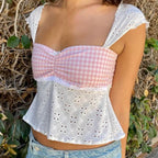 Fairycore Jacquard Eyelet Plaid Patchwork Milkmaid Tie-Up Backless Crop Top image 3