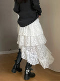 Fairycore Lace Tiered High Waist Asymmetric Ruffled Midi Skirt image 1