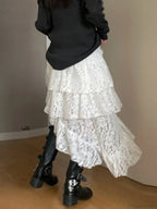 Fairycore Lace Tiered High Waist Asymmetric Ruffled Midi Skirt image 1