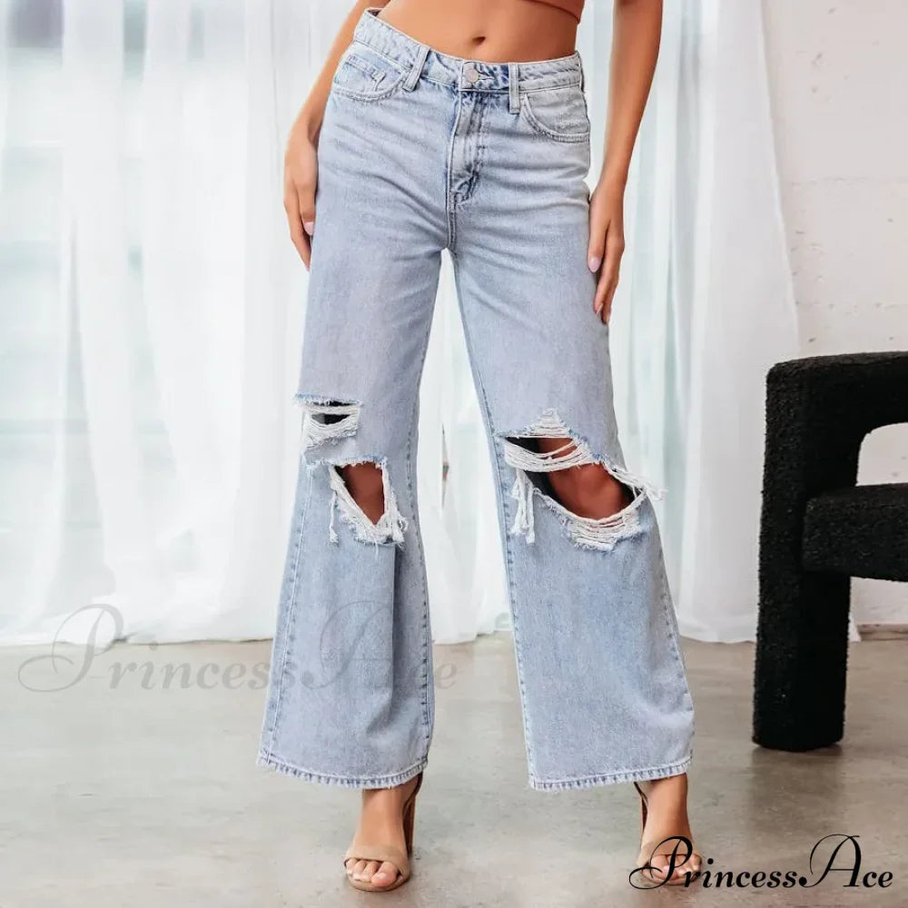 Fall High Waist Ripped New Blue Streetwear Casual Wide Leg Baggy Trendy Fashionable Denim Jean image 1
