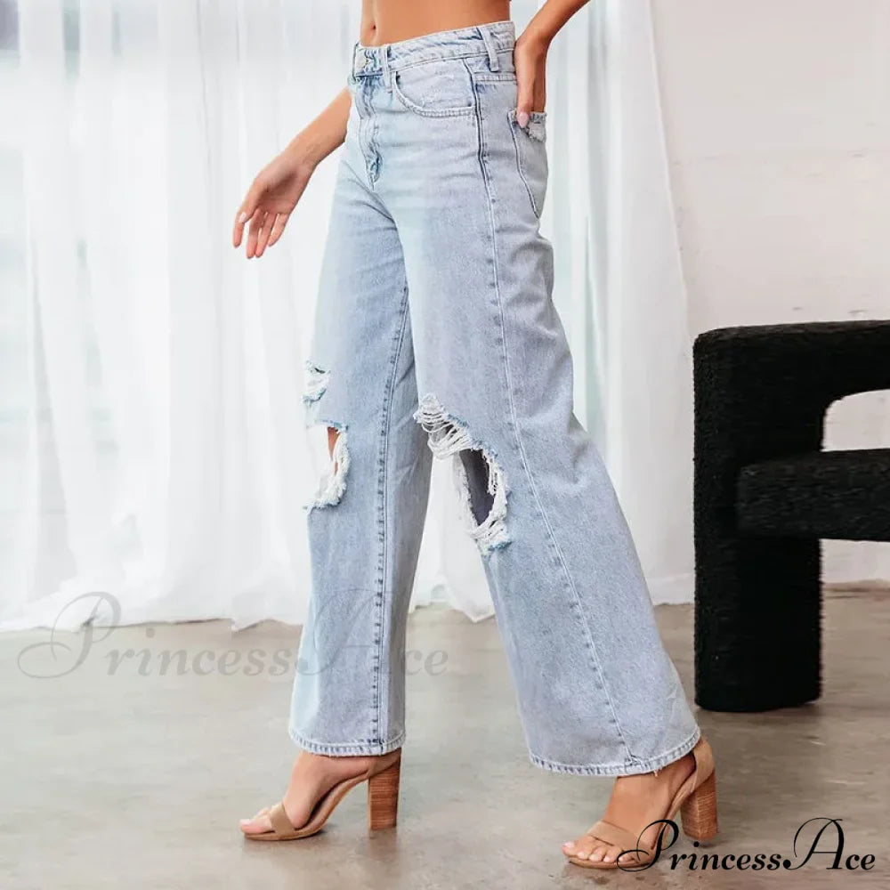 Fall High Waist Ripped New Blue Streetwear Casual Wide Leg Baggy Trendy Fashionable Denim Jean image 4